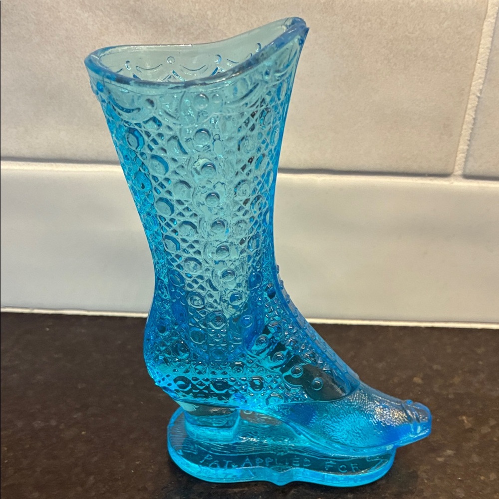 Findlay Blue Glass Boot Bouquet Holder PAT. APPLIED FOR first pressing
